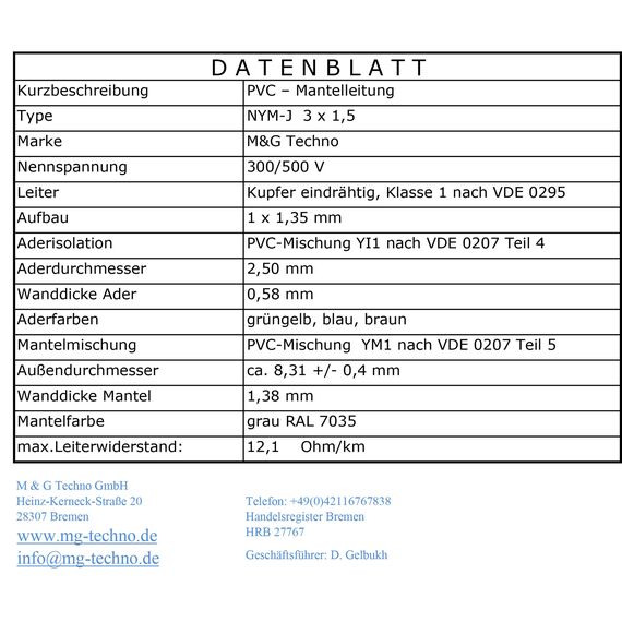 OKSI 70m NYM-J 3x1,5 mm² Mantelleitung Feuchtraumkabel Elektrokabel Kupfer Made in Germany