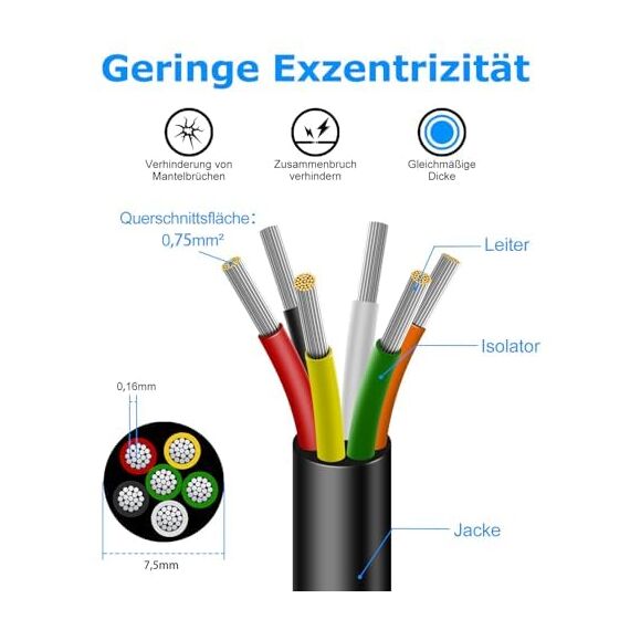 30 Meter 18AWG 6x0,75mm² Elektrischer Kabel, 6 Adriges Kabel 5V/12V/24V/300V Stromkabel Verzinntes Kupferkabel, Flexibel und Weich Niedrige Impedanz Hohe Temperaturbeständigkeit Verlängerungskabel