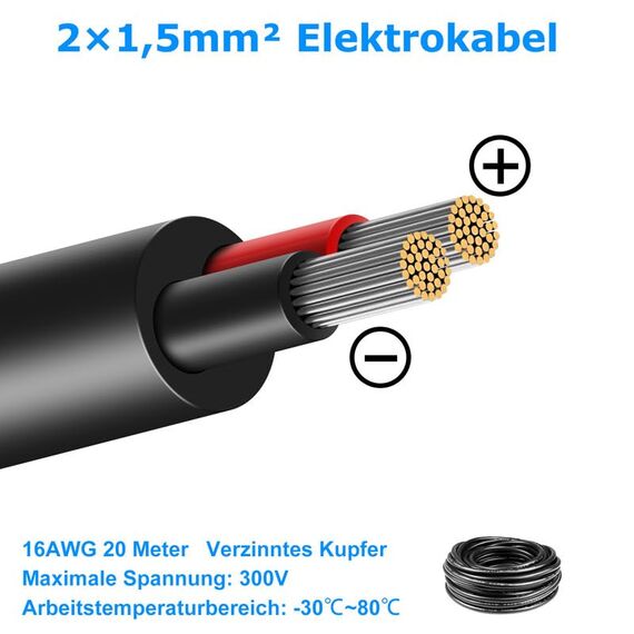 20 Meter 16AWG 2x1,5mm² Elektrischer Draht, 2 Adrig Kabel 5V/12V/24V Stromkabel Verzinntes Kupferkabel，Flexibel und Weich Niedrige Impedanz Hohe Temperaturbeständigkeit Verlängerungskabel