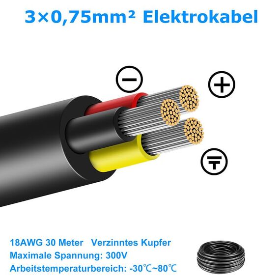 30 Meter 18AWG 3x0,75mm² Elektrischer Draht, 3 Adrig Kabel Erdkabel 5V/12V/24V Stromkabel Verzinntes Kupferkabel, Flexibel und Weich Niedrige Impedanz Hohe Temperaturbeständigkeit Verlängerungskabel
