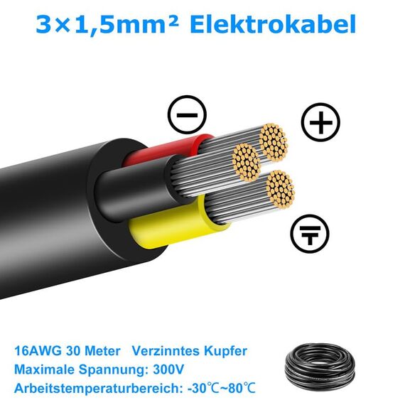 30 Meter 16AWG 3x1,5mm² Elektrischer Draht, 3 Adrig Kabel Erdkabel 5V/12V/24V Stromkabel Verzinntes Kupferkabel, Flexibel und Weich Niedrige Impedanz Hohe Temperaturbeständigkeit Verlängerungskabel
