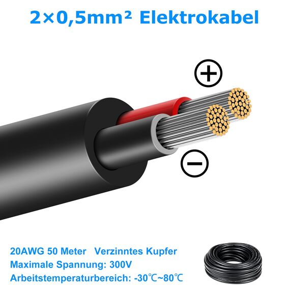 50 Meter 20AWG 2x0,5mm² Elektrischer Draht, 2 Adrig Kabel 5V/12V/24V Stromkabel Verzinntes Kupferkabel，Flexibel und Weich Niedrige Impedanz Hohe Temperaturbeständigkeit Verlängerungskabel