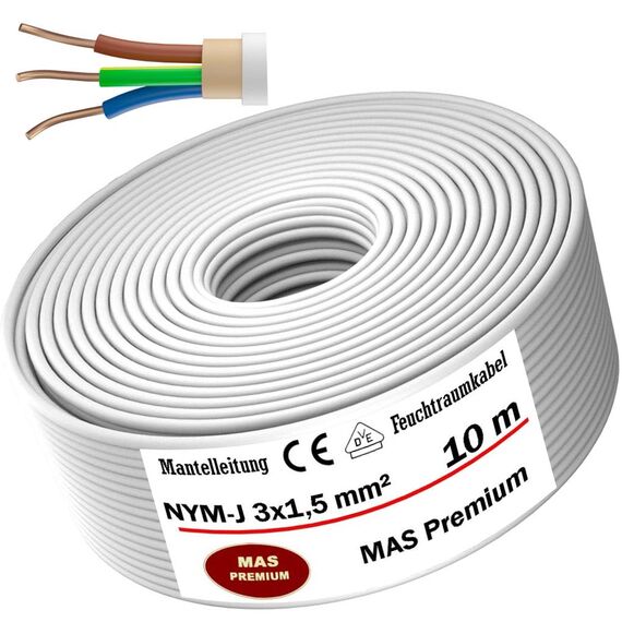 MAS Premium Feuchtraumkabel Stromkabel 5-200m Mantelleitung NYM-J 3x1, 5 2,5 4 6 10 oder 5x1,5 2,5 4 6 10 16 Elektrokabel für feste Verlegung (NYM-J 3x1, 5 mm², 10m)