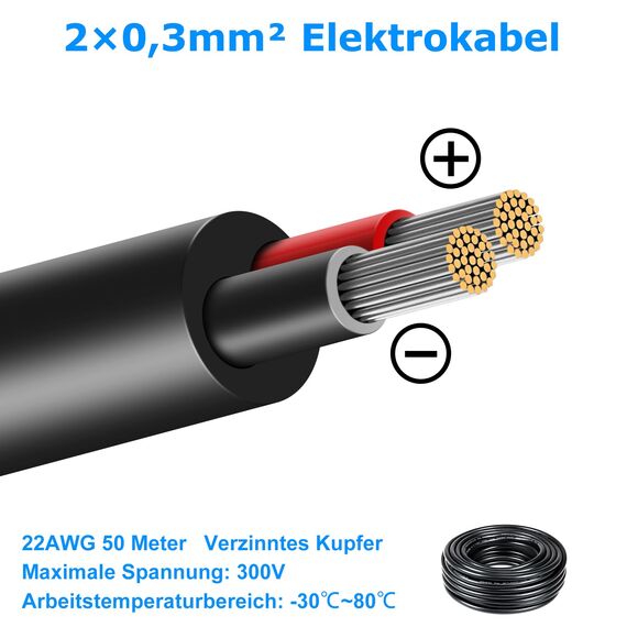 50 Meter 22AWG 2x0,3mm² Elektrischer Draht, 2 Adrig Kabel 5V/12V/24V Stromkabel Verzinntes Kupferkabel，Flexibel und Weich Niedrige Impedanz Hohe Temperaturbeständigkeit Verlängerungskabel