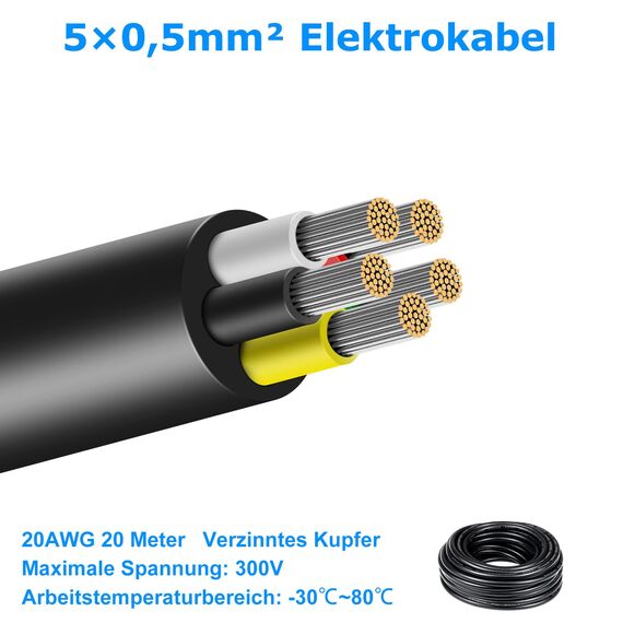 20 Meter 20AWG 5x0,5mm² Elektrischer Kabel, 5 Adriges Kabel 5V/12V/24V/300V Stromkabel Verzinntes Kupferkabel, Flexibel und Weich Niedrige Impedanz Hohe Temperaturbeständigkeit Verlängerungskabel