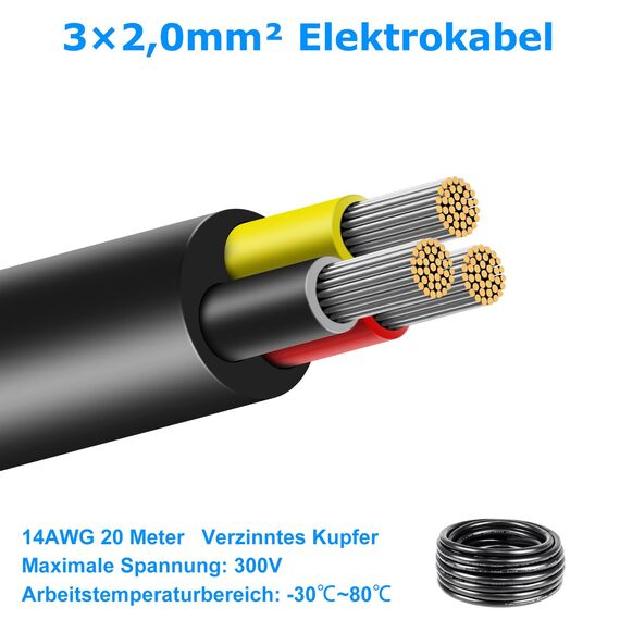20 Meter 14AWG 3x2,0mm² Elektrischer Kabel, 3 Adriges Kabel 5V/12V/24V/300V Stromkabel Verzinntes Kupferkabel, Flexibel und Weich Niedrige Impedanz Hohe Temperaturbeständigkeit Verlängerungskabel