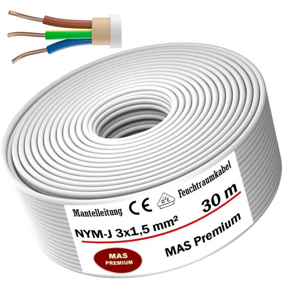 MAS Premium Feuchtraumkabel Stromkabel 5-200m Mantelleitung NYM-J 3x1, 5 2,5 4 6 10 oder 5x1,5 2,5 4 6 10 16 Elektrokabel für feste Verlegung (NYM-J 3x1, 5 mm², 30m)