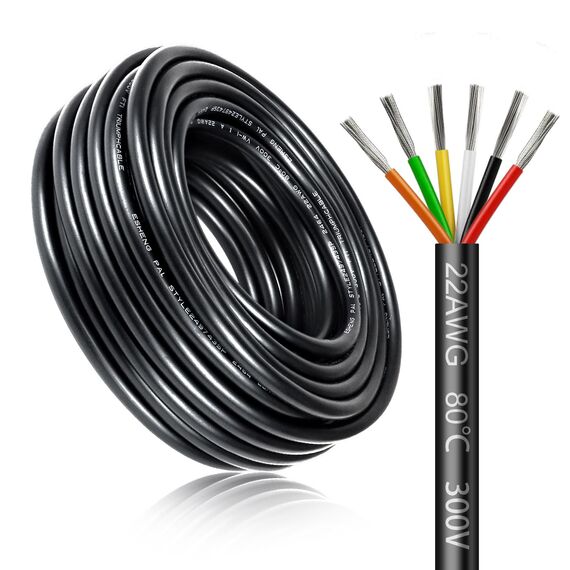 10 Meter 22AWG 6x0,3mm² Elektrischer Kabel, 6 Adriges Kabel 5V/12V/24V/300V Stromkabel Verzinntes Kupferkabel, Flexibel und Weich Niedrige Impedanz Hohe Temperaturbeständigkeit Verlängerungskabel