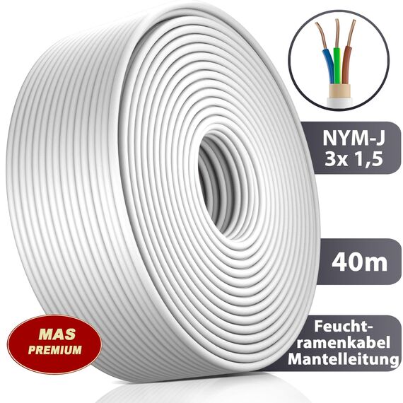 MAS Premium Feuchtraumkabel Stromkabel 5-200m Mantelleitung NYM-J 3x1, 5 2,5 4 6 10 oder 5x1,5 2,5 4 6 10 16 Elektrokabel für feste Verlegung (NYM-J 3x1, 5 mm², 40m)