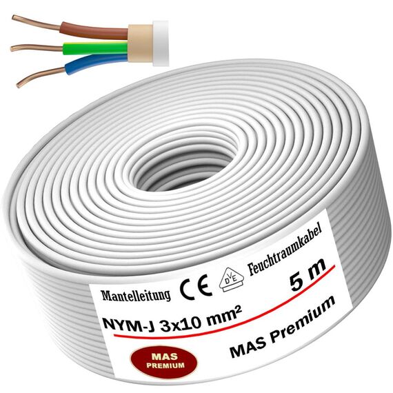 MAS Premium Feuchtraumkabel Stromkabel 5-200m Mantelleitung NYM-J 3x1, 5 2,5 4 6 10 oder 5x1,5 2,5 4 6 10 16 Elektrokabel für feste Verlegung (NYM-J 3x10 mm², 5m)