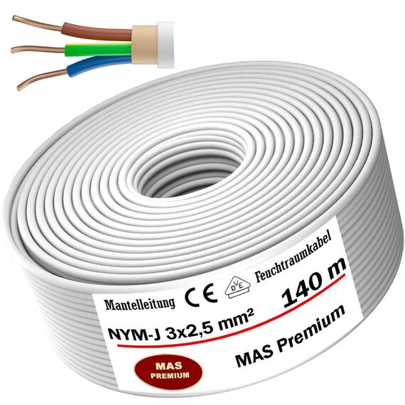 MAS Premium Feuchtraumkabel Stromkabel 5-200m Mantelleitung NYM-J 3x1, 5 2,5 4 6 10 oder 5x1,5 2,5 4 6 10 16 Elektrokabel für feste Verlegung (NYM-J 3x2, 5 mm², 140m)