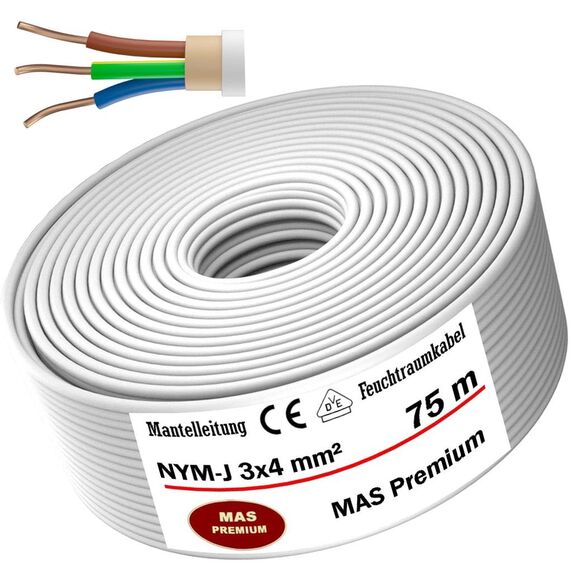 MAS Premium Feuchtraumkabel Stromkabel 5-200m Mantelleitung NYM-J 3x1, 5 2,5 4 6 10 oder 5x1,5 2,5 4 6 10 16 Elektrokabel für feste Verlegung (NYM-J 3x4 mm², 75m)