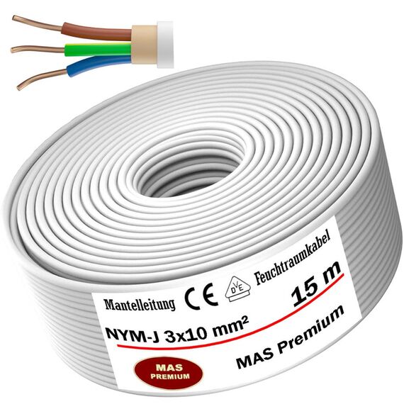 MAS Premium Feuchtraumkabel Stromkabel 5-200m Mantelleitung NYM-J 3x1, 5 2,5 4 6 10 oder 5x1,5 2,5 4 6 10 16 Elektrokabel für feste Verlegung (NYM-J 3x10 mm², 15m)