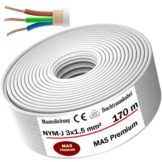 MAS Premium Feuchtraumkabel Stromkabel 5-200m Mantelleitung NYM-J 3x1, 5 2,5 4 6 10 oder 5x1,5 2,5 4 6 10 16 Elektrokabel für feste Verlegung (NYM-J 3x1, 5 mm², 170m)