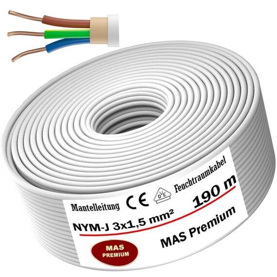 MAS Premium Feuchtraumkabel Stromkabel 5-200m Mantelleitung NYM-J 3x1, 5 2,5 4 6 10 oder 5x1,5 2,5 4 6 10 16 Elektrokabel für feste Verlegung (NYM-J 3x1, 5 mm², 190m)
