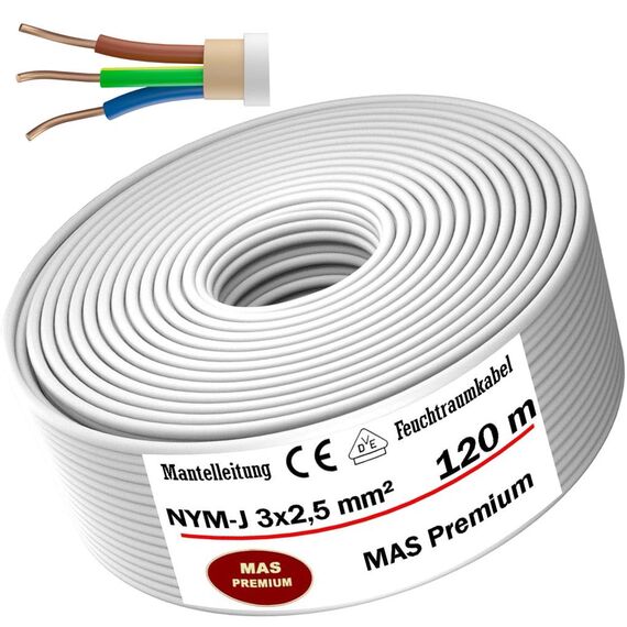 MAS Premium Feuchtraumkabel Stromkabel 5-200m Mantelleitung NYM-J 3x1, 5 2,5 4 6 10 oder 5x1,5 2,5 4 6 10 16 Elektrokabel für feste Verlegung (NYM-J 3x2, 5 mm², 120m)