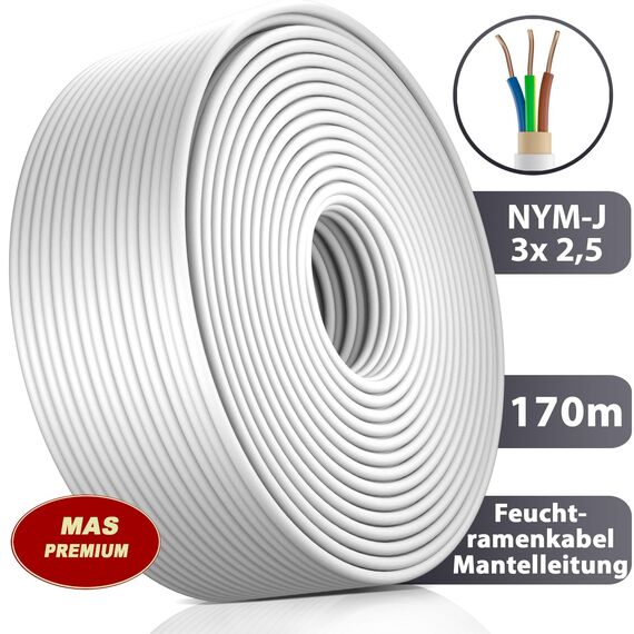 MAS Premium Feuchtraumkabel Stromkabel 5-200m Mantelleitung NYM-J 3x1, 5 2,5 4 6 10 oder 5x1,5 2,5 4 6 10 16 Elektrokabel für feste Verlegung (NYM-J 3x2, 5 mm², 170m)