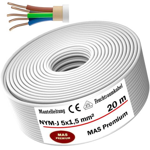 MAS Premium Feuchtraumkabel Stromkabel 5-200m Mantelleitung NYM-J 3x1, 5 2,5 4 6 10 oder 5x1,5 2,5 4 6 10 16 Elektrokabel für feste Verlegung (NYM-J 5x1,5 mm², 20m)