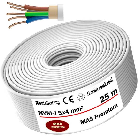 MAS Premium Feuchtraumkabel Stromkabel 5-200m Mantelleitung NYM-J 3x1, 5 2,5 4 6 10 oder 5x1,5 2,5 4 6 10 16 Elektrokabel für feste Verlegung (NYM-J 5x4 mm², 25m)