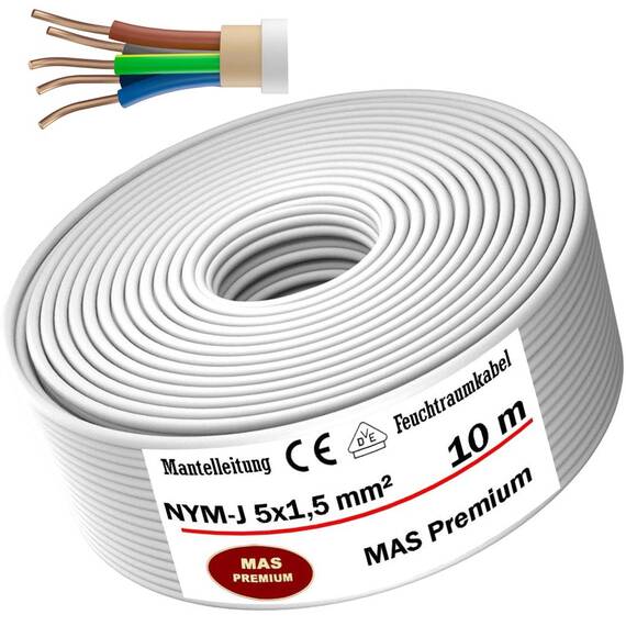 MAS Premium Feuchtraumkabel Stromkabel 5-200m Mantelleitung NYM-J 3x1, 5 2,5 4 6 10 oder 5x1,5 2,5 4 6 10 16 Elektrokabel für feste Verlegung (NYM-J 5x1,5 mm², 10m)