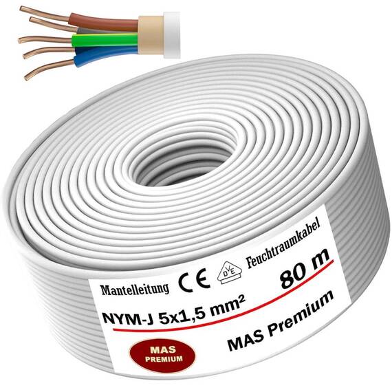 MAS Premium Feuchtraumkabel Stromkabel 5-200m Mantelleitung NYM-J 3x1, 5 2,5 4 6 10 oder 5x1,5 2,5 4 6 10 16 Elektrokabel für feste Verlegung (NYM-J 5x1,5 mm², 80m)