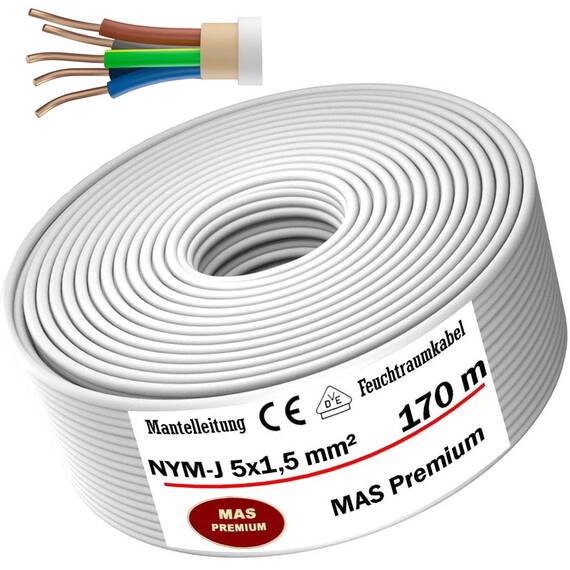 MAS Premium Feuchtraumkabel Stromkabel 5-200m Mantelleitung NYM-J 3x1, 5 2,5 4 6 10 oder 5x1,5 2,5 4 6 10 16 Elektrokabel für feste Verlegung (NYM-J 5x1,5 mm², 170m)