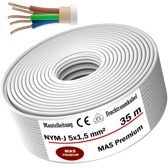 MAS Premium Feuchtraumkabel Stromkabel 5-200m Mantelleitung NYM-J 3x1, 5 2,5 4 6 10 oder 5x1,5 2,5 4 6 10 16 Elektrokabel für feste Verlegung (NYM-J 5x1,5 mm², 35m)