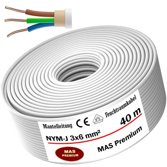 MAS Premium Feuchtraumkabel Stromkabel 5-200m Mantelleitung NYM-J 3x1, 5 2,5 4 6 10 oder 5x1,5 2,5 4 6 10 16 Elektrokabel für feste Verlegung (NYM-J 3x6 mm², 40m)