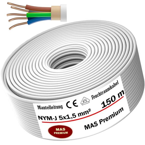 MAS Premium Feuchtraumkabel Stromkabel 5-200m Mantelleitung NYM-J 3x1, 5 2,5 4 6 10 oder 5x1,5 2,5 4 6 10 16 Elektrokabel für feste Verlegung (NYM-J 5x1,5 mm², 150m)