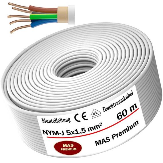 MAS Premium Feuchtraumkabel Stromkabel 5-200m Mantelleitung NYM-J 3x1, 5 2,5 4 6 10 oder 5x1,5 2,5 4 6 10 16 Elektrokabel für feste Verlegung (NYM-J 5x1,5 mm², 60m)