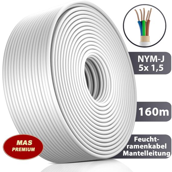 MAS Premium Feuchtraumkabel Stromkabel 5-200m Mantelleitung NYM-J 3x1, 5 2,5 4 6 10 oder 5x1,5 2,5 4 6 10 16 Elektrokabel für feste Verlegung (NYM-J 5x1,5 mm², 160m)