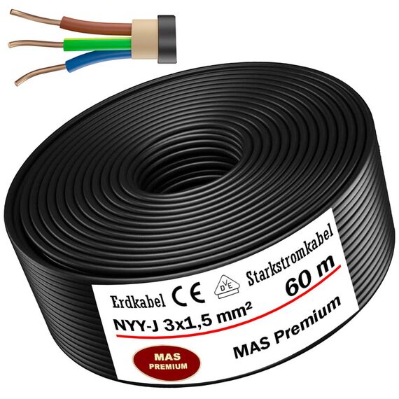 MAS Premium Erdkabel Starkstromkabel Von 5m bis 170m NYY-J 3x1,5 mm² Elektrokabel Ring zur Verlegung im Freien, Erdreich (60m)