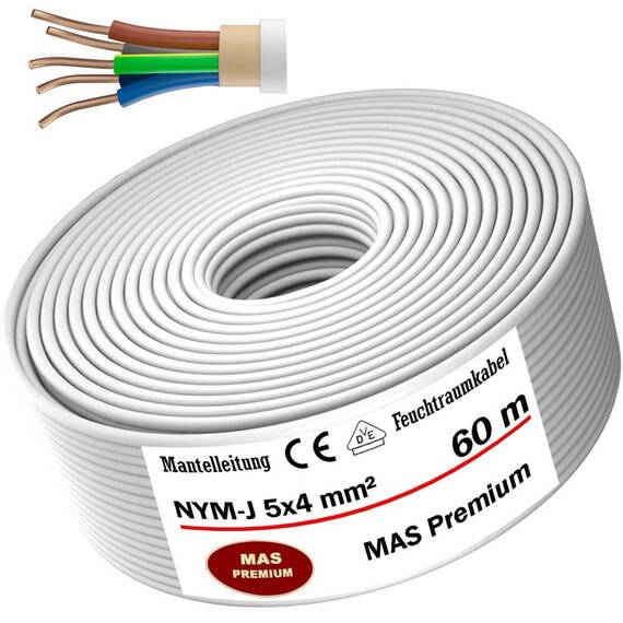 MAS Premium Feuchtraumkabel Stromkabel 5-200m Mantelleitung NYM-J 3x1, 5 2,5 4 6 10 oder 5x1,5 2,5 4 6 10 16 Elektrokabel für feste Verlegung (NYM-J 5x4 mm², 60m)