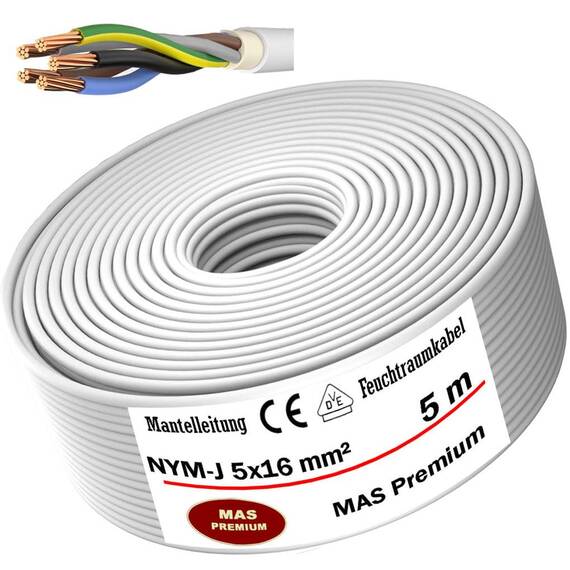 MAS Premium Feuchtraumkabel Stromkabel 5-200m Mantelleitung NYM-J 3x1, 5 2,5 4 6 10 oder 5x1,5 2,5 4 6 10 16 Elektrokabel für feste Verlegung (NYM-J 5x16 mm², 5m)