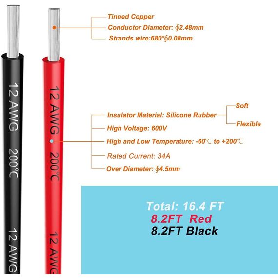 Gruiqrd 12 Gauge Silikon Draht 9,8 Fuß schwarz und 9,8 Fuß Rot weich und flexibel, niedrige Impedanz, 12 AWG Silikon Draht 680 Litzen von 0,08 mm Kupferdraht für RC - Auto, Drohne, Flugzeugbatterie