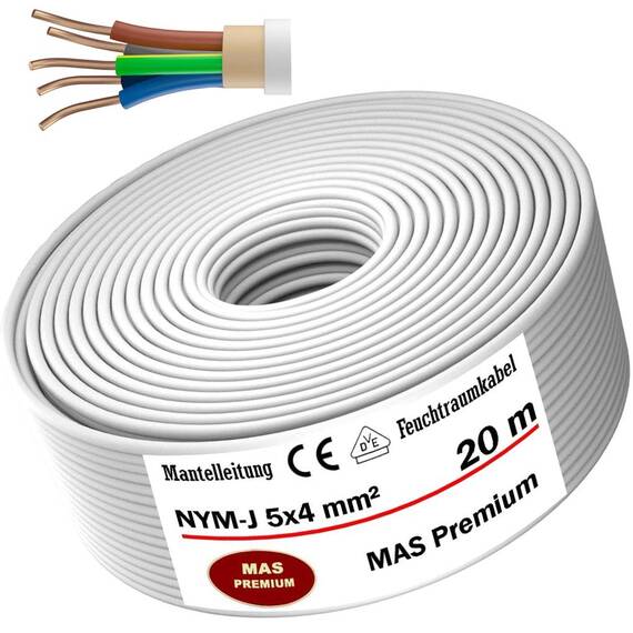 MAS Premium Feuchtraumkabel Stromkabel 5-200m Mantelleitung NYM-J 3x1, 5 2,5 4 6 10 oder 5x1,5 2,5 4 6 10 16 Elektrokabel für feste Verlegung (NYM-J 5x4 mm², 20m)