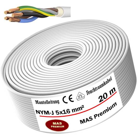 MAS Premium Feuchtraumkabel Stromkabel 5-200m Mantelleitung NYM-J 3x1, 5 2,5 4 6 10 oder 5x1,5 2,5 4 6 10 16 Elektrokabel für feste Verlegung (NYM-J 5x16 mm², 20m)