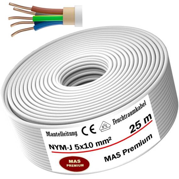 MAS Premium Feuchtraumkabel Stromkabel 5-200m Mantelleitung NYM-J 3x1, 5 2,5 4 6 10 oder 5x1,5 2,5 4 6 10 16 Elektrokabel für feste Verlegung (NYM-J 5x10 mm², 25m)