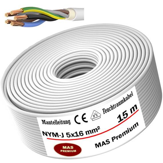 MAS Premium Feuchtraumkabel Stromkabel 5-200m Mantelleitung NYM-J 3x1, 5 2,5 4 6 10 oder 5x1,5 2,5 4 6 10 16 Elektrokabel für feste Verlegung (NYM-J 5x16 mm², 15m)