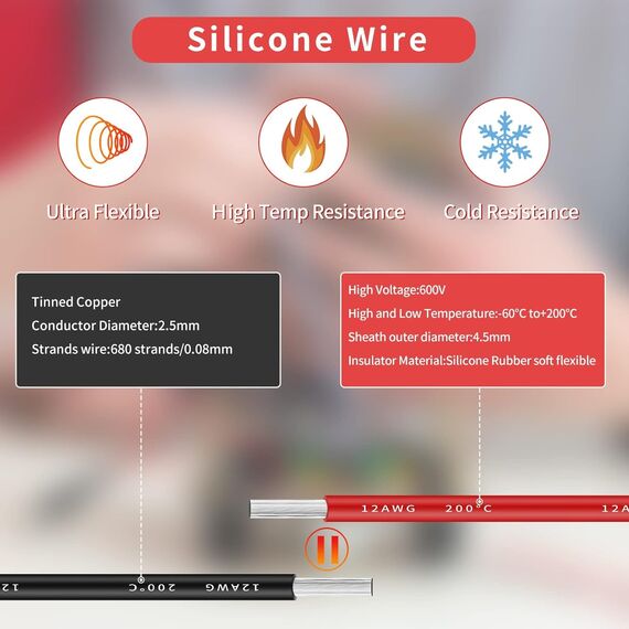 Gruiqrd 12 Gauge Silikondraht, 12 AWG Elektrokabel 5 m [2,5 m schwarz und 2,5 m rot], flexible 680 Litzen 0,08 mm verzinnter Kupfer-Hochtemperaturdraht für ferngesteuerte Autos, Marine, Drohnen usw