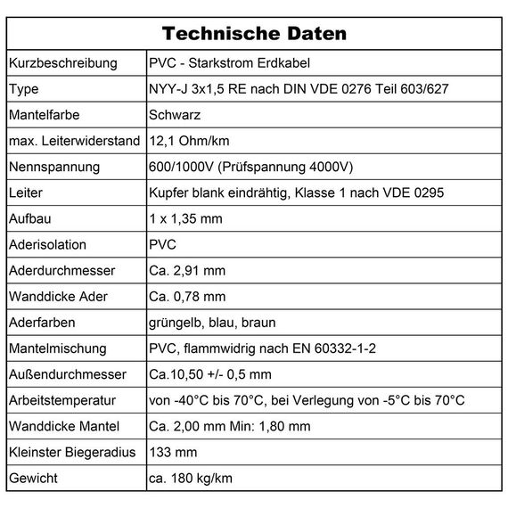 MAS Premium Erdkabel Starkstromkabel Von 5m bis 170m NYY-J 3x1,5 mm² Elektrokabel Ring zur Verlegung im Freien, Erdreich (90m)