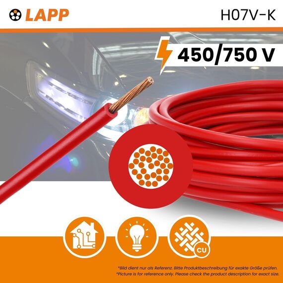 10 Meter Lapp 4520043 H07V-K 4 mm² rot I Verdrahtungsleitung I Aderleitung flexibel I PVC-Einzelader I Litze 4mm2 I Verdrahtung
