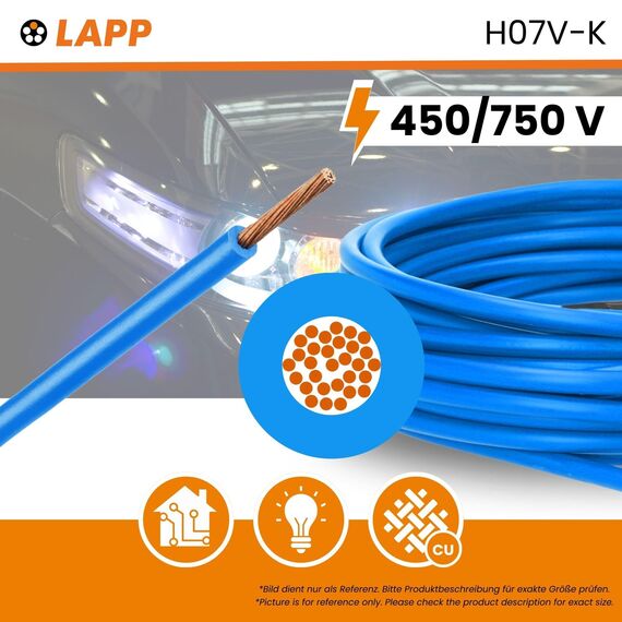 10 Meter Lapp 4520023 H07V-K 4 mm² blau I Verdrahtungsleitung I Aderleitung flexibel I PVC-Einzelader I Litze 4mm2 I Verdrahtung