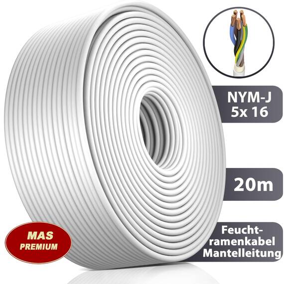MAS Premium Feuchtraumkabel Stromkabel 5-200m Mantelleitung NYM-J 3x1, 5 2,5 4 6 10 oder 5x1,5 2,5 4 6 10 16 Elektrokabel für feste Verlegung (NYM-J 5x16 mm², 20m)