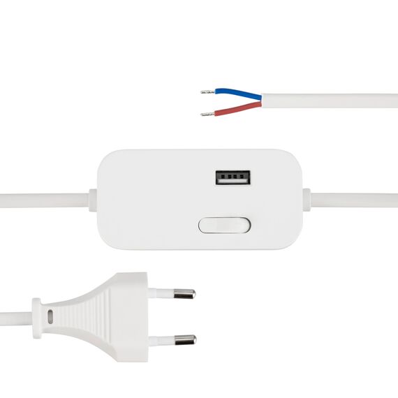 REV Zuleitung, Kabel mit Schalter und Eurostecker Zwischenschalter mit USB-A, 2m, weiß