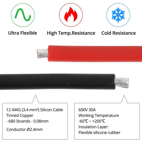 QWORK® 12AWG 3,3 mm² Silikon Elektronik Kabel - 3 m Schwarz 3 m Rot 12 Gauge 680 Litzen verzinnten Kupferadern - Flexibel, Weich, Niedrige Impedanz
