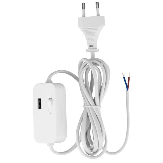 REV Zuleitung, Kabel mit Schalter und Eurostecker Zwischenschalter mit USB-A, 2m, weiß