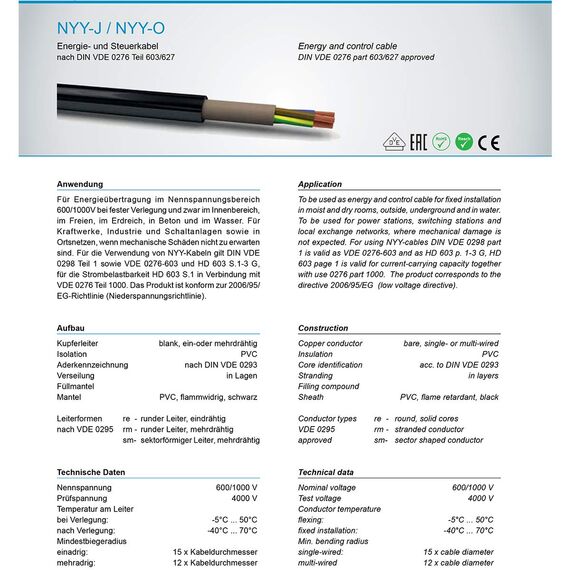 M&G Techno 50m NYY-J 5x4 mm² Erdkabel Elektrokabel Beton und Freien Kupfer Made in Germany, 10963, schwarz