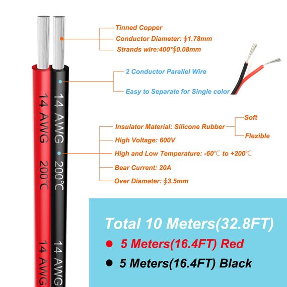 2.0mm² 14 AWG Silikon Elektrischer Draht Kabel anschließen 10 Meter [5 Meter schwarz und 5 Meter rot] Weich und flexibel aus verzinntem Kupferdraht Hohe Temperaturbeständigkeit 200 Celsius 600V