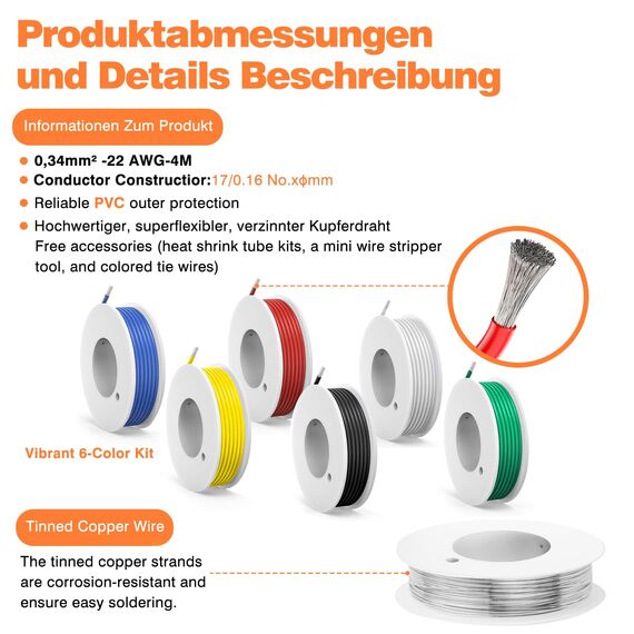 0,34mm² PVC Elektrokabel- 22 AWG verzinnte Kupferdrahtspule,6 Farben,4 Meter pro Kabel,Litzendraht,flexibel und weich, ideal für elektrische Anwendungen